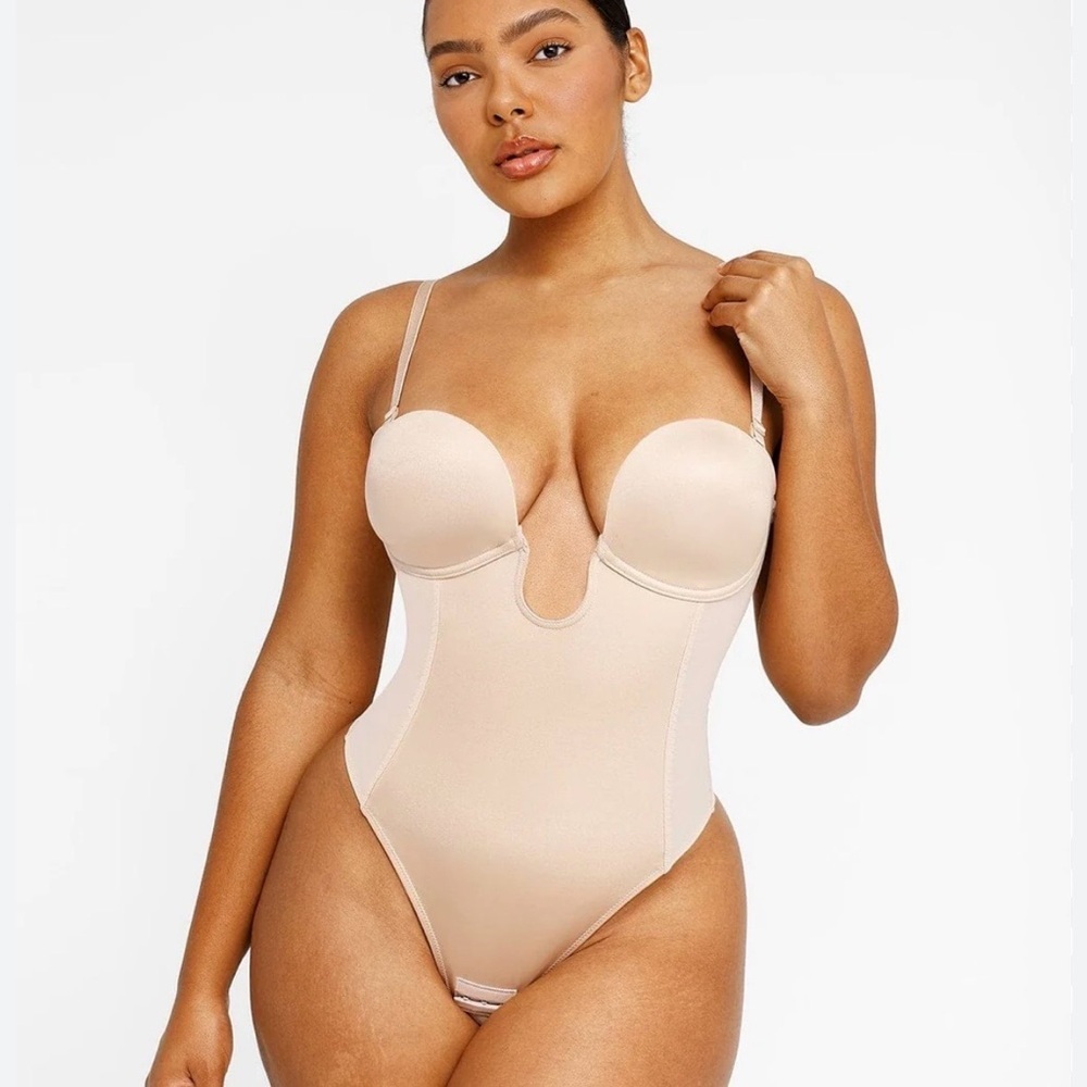 NWT HEY SHAPE Plunge Shapewear Thong Bodysuit Bodysuit, tan - Picture 2 of 4